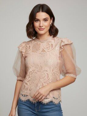 Peach Lace Puff Sleeve Blouse Boho Chic Floral Top Nude Size M